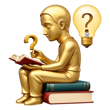 An icon featuring a thinker statue, a scroll, and a question mark, symbolizing philosophy. The design includes books, a lightbulb, and abstract symbols representing deep thought and wisdom. Transparent background highlights the study of ideas, logic, and existential questions sticker