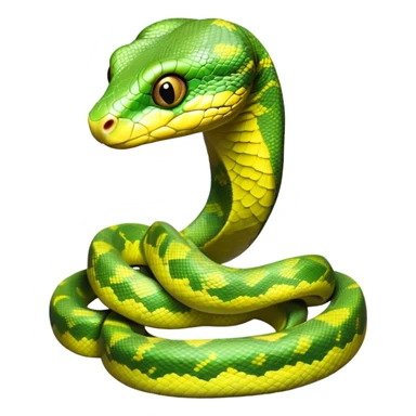 cinematic-green tree python-realistic-full-body-coiled-emoji,-thick-scaled-body-looped-tightly,-intricate-tellow and green-patterned-scales-reflecting-light,-head-tilted-dramatically,-cute-eyes-staring-calmly,-simplified-yet-realistic-focused-feature sticker