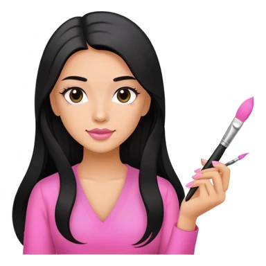 Pink Nail Tech with black long hair holding small acrylic brush sticker