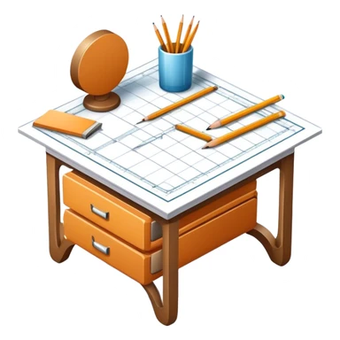 Icon for Furniture Design: a furniture drawing with 3D models of furniture pieces placed on top, accompanied by rulers and a pencil. The icon should represent the design process with focus on precision and modeling. Transparent background. sticker