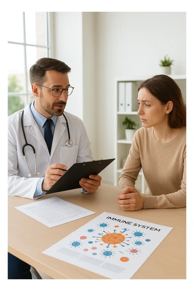 a doctor sits across from a patient in a bright, modern medical office. The doctor holds a clipboard and gently explains the diagnosis, while the patient listens with a concerned but attentive expression. On the desk, there are medical charts and a diagram of the immune system. The mood is empathetic and professional. sticker