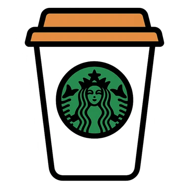 Starbucks coffee cup, white cup with green logo, simple icon sticker