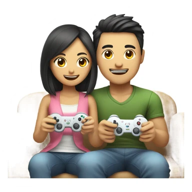 Cute Asian Couple sitting together and having fun playing video games sticker
