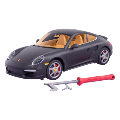 Porsche luxury car with dent repair tools like a lever and small hammer, elegant and modern sticker