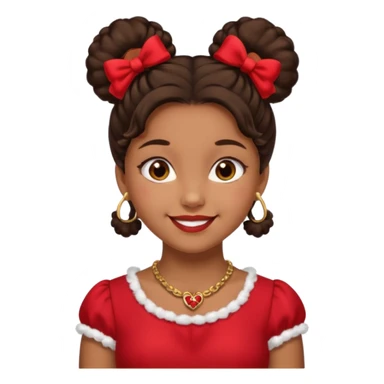 Brownskin girl dark brown hair fluffy.Two buns with red bows brown eyes smiling closed mouth red shift gold necklace sticker