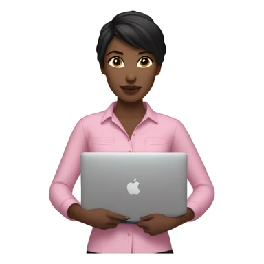 Fair-skinned woman with black hair wearing a pink shirt holding a gold macbook sticker