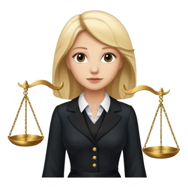 woman lawyer blanche et blonde habillée avec une longue robe noire et un col blanc, avec la balance de la justice derrière elle sticker
