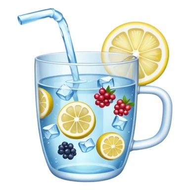cup of water with visible berries, lemon wedges, and ice cubes, emoji style sticker