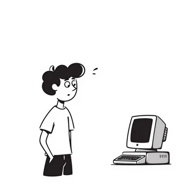 A young guy with a confused expression staring at a vintage desktop computer with bulky CRT monitor and old tower sticker