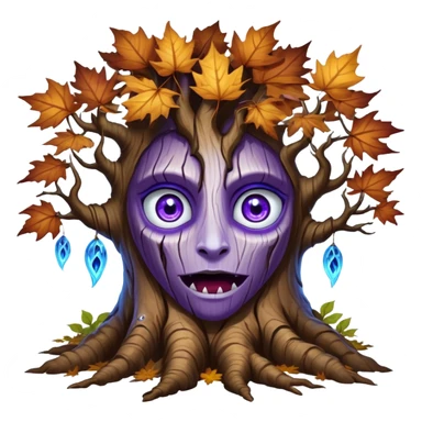 An ancient, psychic tree evolves by absorbing the essence of fallen autumn spirits, sprouting a radiant leaf, channels both forest wisdom and fiery seasonal magic through its gnarled. Purple eyes, blue eyes sharp teeth, bark wood skin, heterochromatic eyes, maple leafs sticker