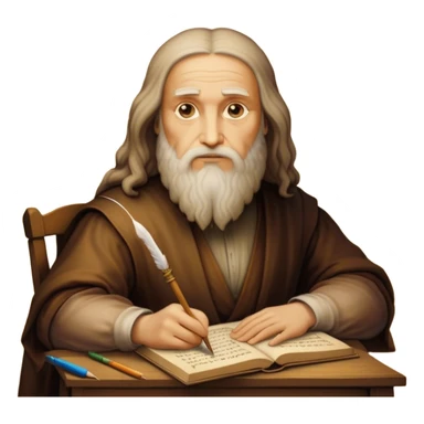 Cinematic Realistic Leonardo da Vinci Portrait Emoji, depicted as the quintessential Renaissance polymath with deep, thoughtful eyes, a flowing beard, and a quill or sketchbook in hand. The scene is illuminated with warm, classical lighting, evoking the atmosphere of a master artist’s workshop, surrounded by early sketches of inventions and masterpieces like the Mona Lisa. sticker