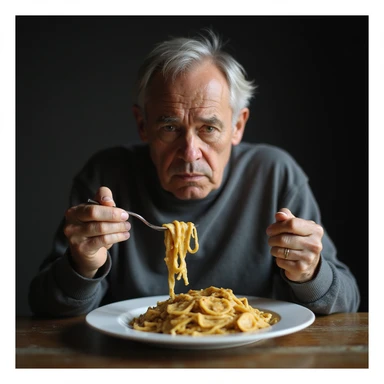 a hyperrealistic 4K image of a sad man about 30 years old eating a plate of pasta, with a sad expression sticker