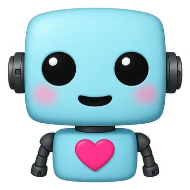 Create a transparent PNG of a cute light blue (#b0f2f8) robot with a heart on its chest, blushing, in the style of an Apple emoji. Remove the background and keep the robot's light blue color and cute features. sticker