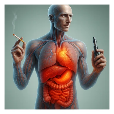 Medical illustration, hyperrealistic 4K, realistic anatomical human body, inflamed liver and intestine highlighted, holding a lit normal cigarette in the right hand and an electronic cigarette in the left hand, clear background, extremely detailed, same lighting and style as the reference image. sticker