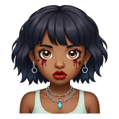 zumbi cor pele parda, piercing no nariz, dois piercings nos dois lados dos lábios, piercing no septo, cabelo médio ondulado preto e de franja sticker