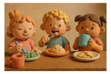 Children eating, matte, plasticine claymation with visible fingerprints and pastel colors. sticker