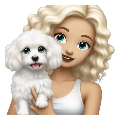 White Cute long haired Blonde and blue-eyed girl fashion nightclub outfit and holding happy white cavachon dog sticker
