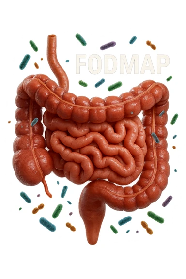 intestino umano anatomico con parole FODMAP CHE GLI FLUTTUANO INTORNO INSIEME A BATTERI INTESTINALI, iperrealistica 4k sticker
