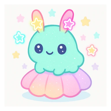 kawaii neon star glitter sea bunny, sitting on a glittery shell, surrounded by neon stars sticker