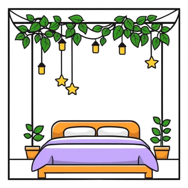 dreamy bed with twinkle lights and leafy vines hanging from above sticker