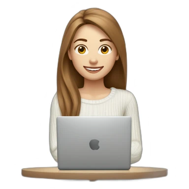smiling woman with pale skin middle brown long straight hair with a laptop and a coffee mug wearing a white woolly shirt. It's snowing sticker