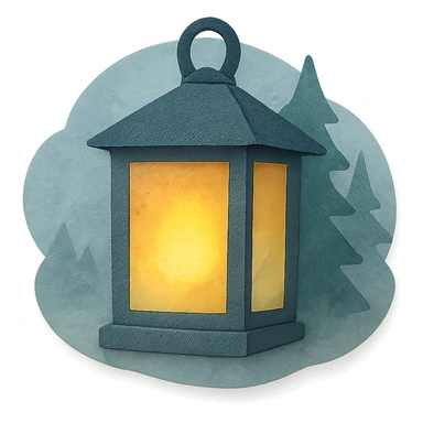 a lantern glowing softly in the misty woods, calm and dreamy feel, paper craft style sticker