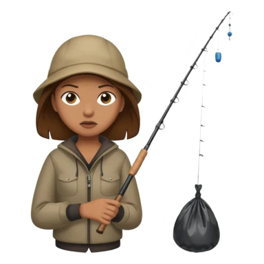 girl fishing, caught trash bag on rod sticker