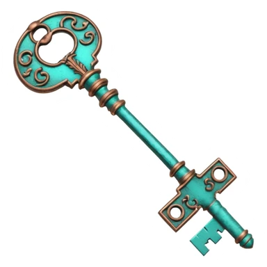 3D render of Vintage Key, heavily oxidized copper texture, verdigris patina, Ornate key fully turned teal, weathered bronze aesthetic, ancient decay, emoji style, isolated on white background --v 6.0. sticker