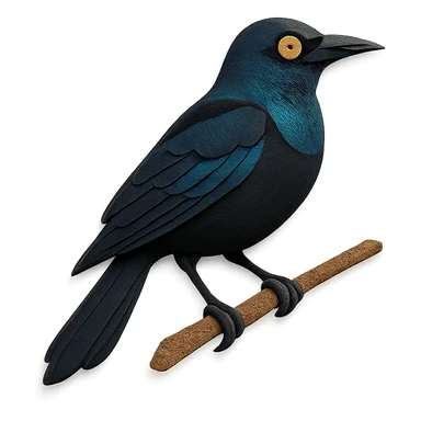 common grackle on a branch, layered paper details, glossy black plumage with blue and green highlights, expressive yellow eye, naturalistic pose sticker