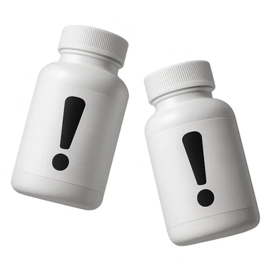 DUE BOCCETTE DI INTEGRATORI BIANCHE CON PUNTO ESCLAMATIVO NERO SULL'ETICHETTA FLUTTUANO IN ARIA, IPERREALISTICA 4K sticker