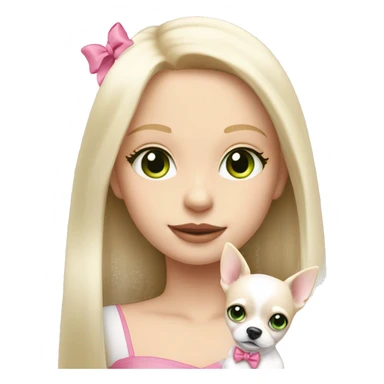 pale blond girl with long platinum hair with green eyes holding a white chihuahua puppy that wearing a pink bow sticker
