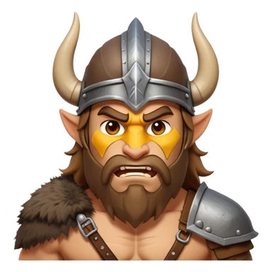Clash of Clans aesthetic: Cinematic Fierce Barbarian Portrait Emoji, Poised and bold with a rugged yet cartoonish build in tattered furs and a horned helmet, his face rendered in a natural skin tone (not yellow), expressive bright eyes and a confident smirk, Simplified yet dynamic features, highly detailed, glowing with a vivid, adventurous aura, high shine, heroic and spirited, stylized with an air of medieval warrior charm, focused and energetic, soft glowing outline, capturing the essence of a fearless barbarian adventurer ready to lead his clan with spirited valor! sticker