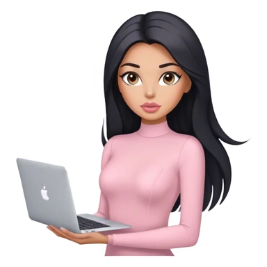 Glamours, tanned, very beautiful girl, with big pump peach-beige-rose lips, long lashes, black straight smooth silky long hair, straight parting hair, blue-grey eyes, in light-pink bodysuit holding MacBook sticker