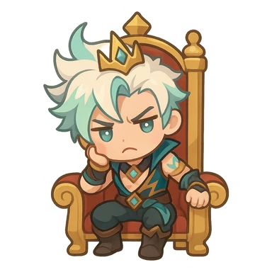 chibi emoji of Soul Fighter Viego sitting on a king's chair, cute and expressive, League of Legends inspired sticker
