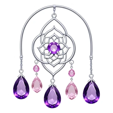 Epic Hanging silver suncatcher, threads with shiny sparkly amethyst and rose-quartz gemstones, detailed, high quality, high resolution, realistic sticker