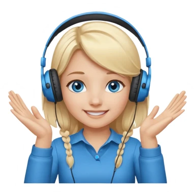 girl with blonde hair and blue eys, having on ears heaphones, with heands telling what  sticker