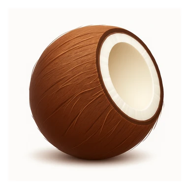 Create a coconut emoji that looks exactly like the reference image in the style of iOS emojis. The emoji should have a 3D appearance with shiny, smooth gradients, soft shadows, and a realistic coconut texture, capturing the classic emoji look. Add a soft shadow under the coconut. sticker