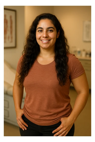 woman with PCOS, healthy and well-groomed appearance thanks to balanced diet, glowing skin, thick hair, energetic posture, clinical environment, realistic details, warm lighting, vertical 2:3 aspect ratio, no text sticker