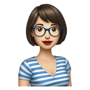 caucasian woman with retro glasses, dark brown hair, a bob haircut, bangs, red lipstick, blue and white striped t shirt sticker