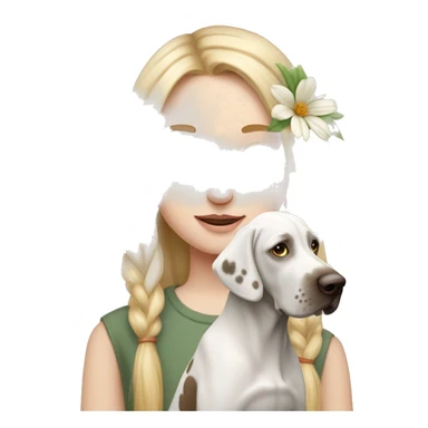 pale skin girl with blue eyes with long blonde hair that has a flower in her hair  holding a English pointer mixed with a lab dog the dog also has a flower in its hair sticker