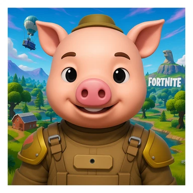 Add a Fortnite battle royale background behind John Pork, featuring iconic Fortnite scenery such as recognizable landmarks, vibrant colors, and dynamic elements from the game environment. sticker
