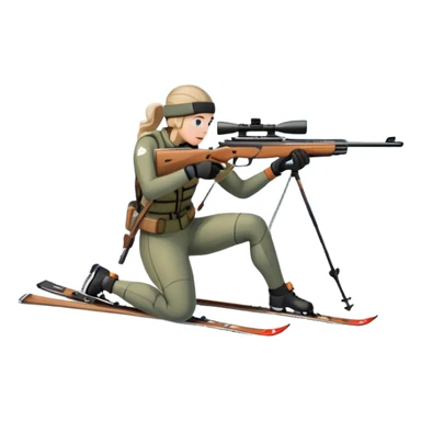 An icon showing a snowy landscape with pine trees, mountains and a clear sky with a biathlete aiming a rifle in the foreground, wearing winter gear and skis. Transparent background emphasizes the precision, endurance, and beauty of this winter sport. sticker