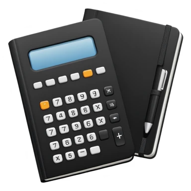 Minimalistic flat vector icon, iOS style, thin black contour on white background. Small black notebook with visible binding, placed next to a calculator. Clean, modern, no text, no shadows. sticker