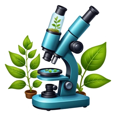 An icon featuring a microscope, a DNA strand, and plant leaves, symbolizing biology. The design includes cells, a test tube with a plant sample, representing life sciences, ecosystems, and the study of organisms. Transparent background highlights the exploration of living systems. sticker