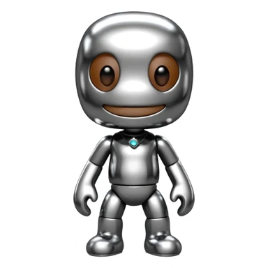 Turn this Sackboy character in the photo into 3D chrome metallic style, highly reflective and shiny, with realistic details sticker