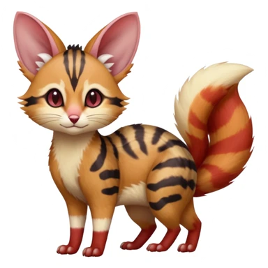 sanguine-red-streaked natural realistic divine beautiful elegant pretty precious cute young youthful  Fakémon-Pokémon-alien-opossum-furret-feline-serval-caracal-chinchilla-Minccino-hybrid-creature with a big fluffy bushy tail (full body) sticker
