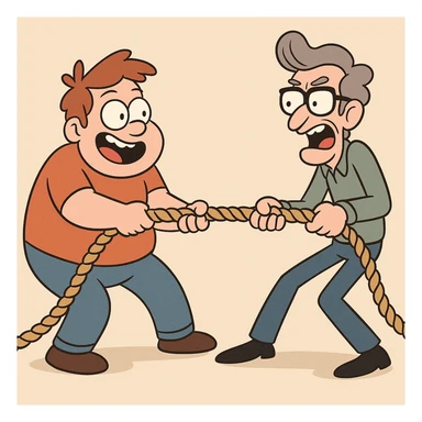 two cartoon characters engaged in a rope pulling contest, energetic, playful sticker