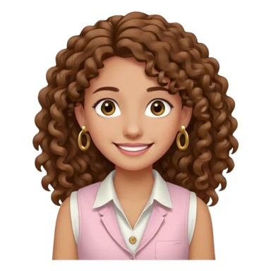 chica un poco morena (no demasiado), pelo rizado largo, sonriendo, con ojos grandes y marrones con camisa rosa palo y un chaleco blanco y aretes dorados en forma de circulo en sus orejas  sticker