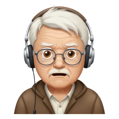 Brown old man with medium white hair, using glasses and headphones looking surprised and angry, no facial hair, a little chubby, looking to the left superior corner sticker
