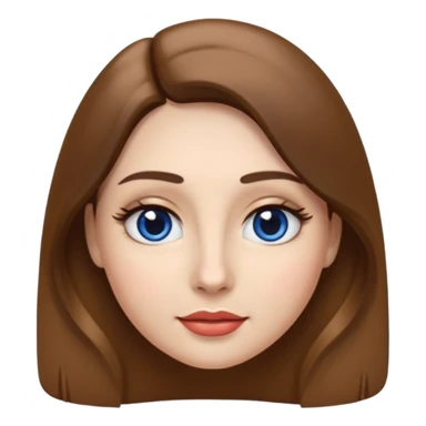 woman's face in rounded glossy emoji style inspired by modern Apple IOS 18 emojis. White British skin tone, long brunette hair, gentle volume at the crown. almond shaped eyes with blue irises, black pupils, false upper eyelashes. Dark, slightly arched eyebrows. Nose small and rounded. Glossed lips. sticker